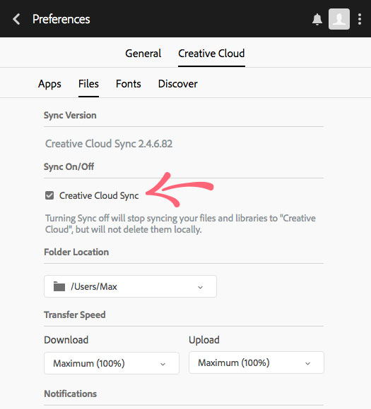turn on file sync with adobe creative cloud app for a mac